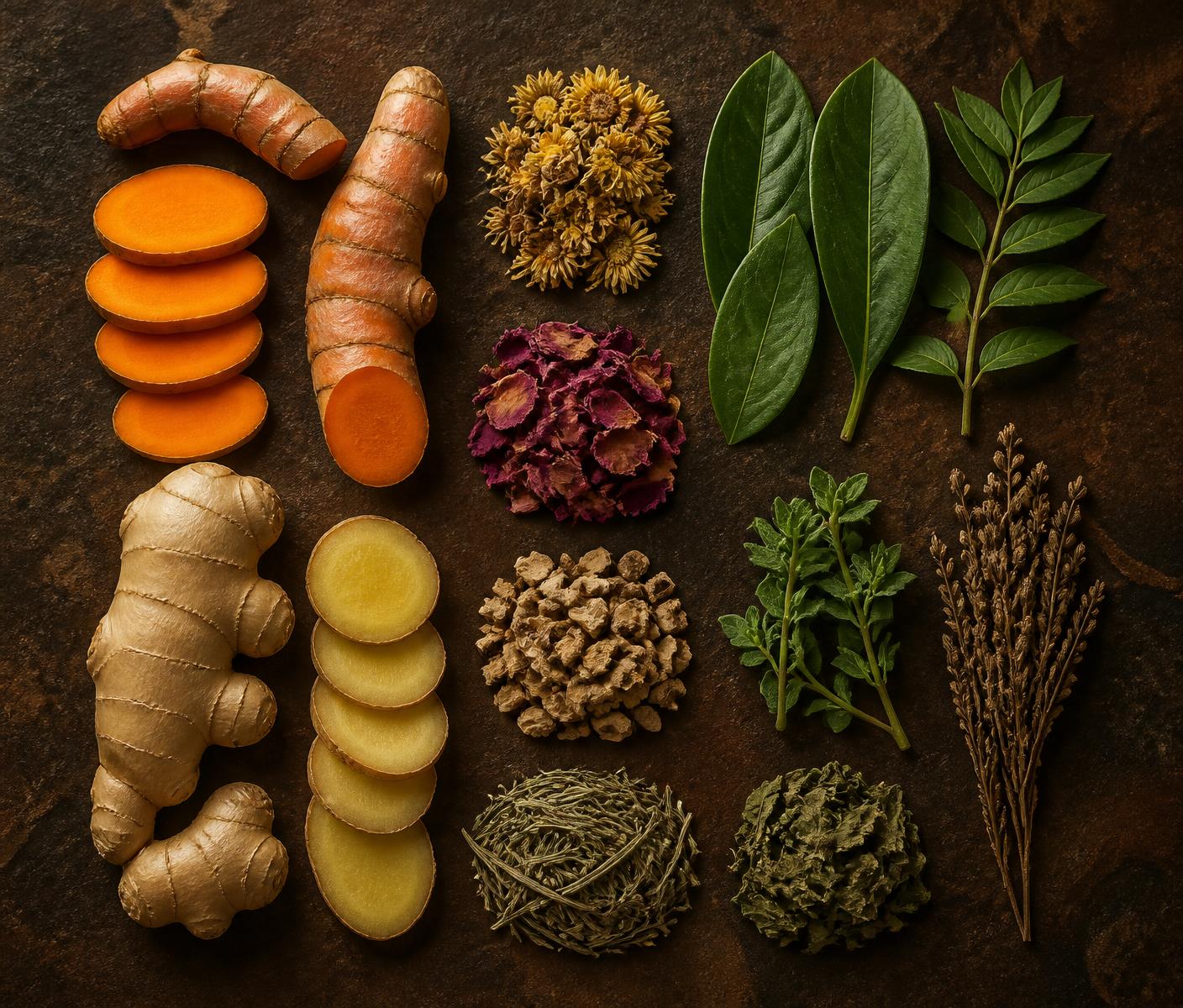 Rhizomes, herbs and botanicals laid out as specimens