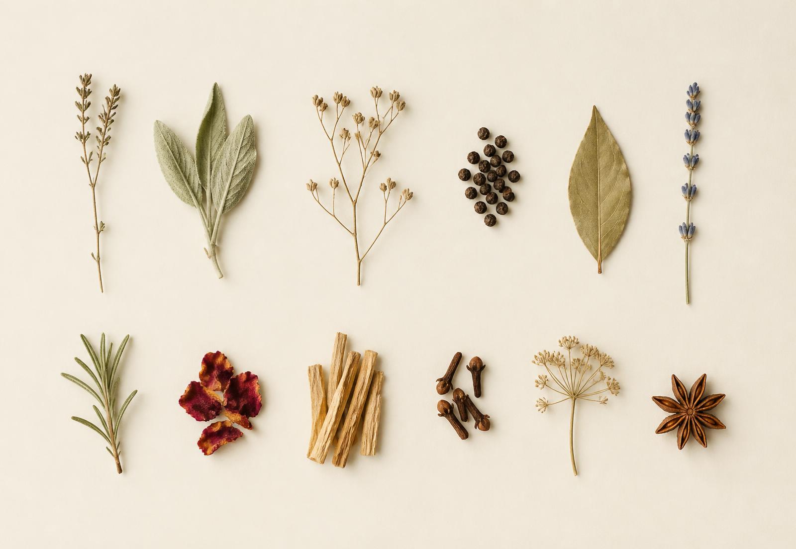 Botanical specimens arranged on warm ivory paper